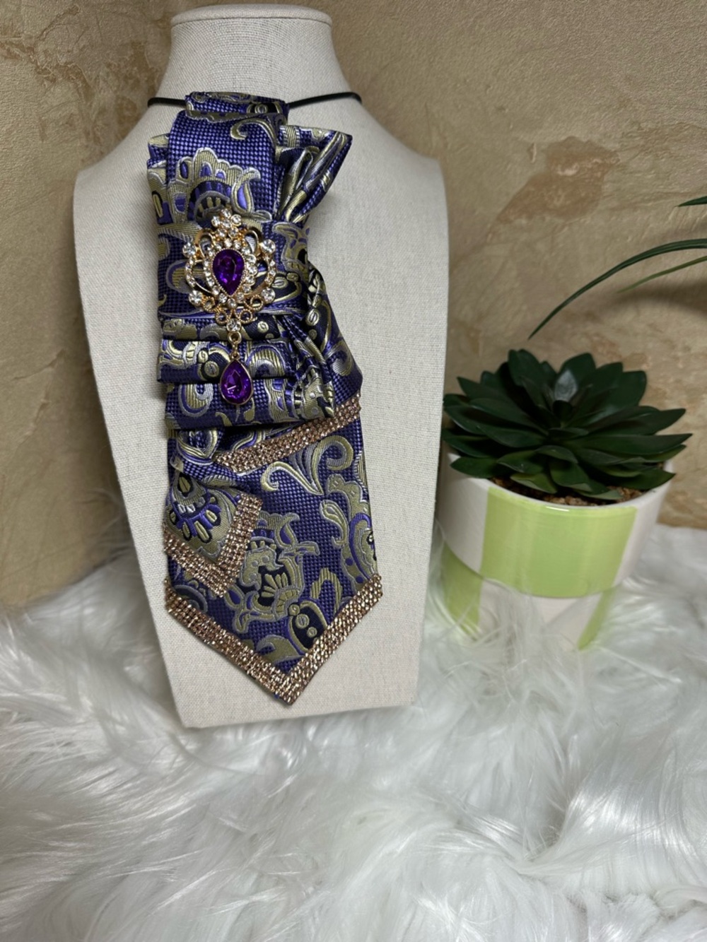Elegant Purple Brooch-Embellished Necktie Scarf for Women